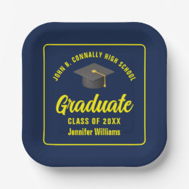 Gepersonaliseerde Navy Blue Yellow Graduation Part Papieren Bordje
