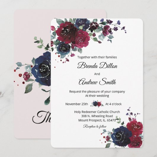 Gepersonaliseerde Navy en Bourgondische bruiloft Kaart (Voorkant / Achterkant)