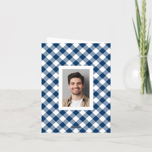 Gepersonaliseerde Navy Gingham Plaid Foto Bedankkaart (Achterkant)
