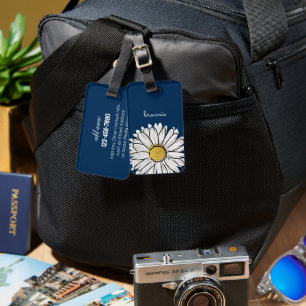 Gepersonaliseerde Navy & Pink Daisy Floral Bagagel Bagagelabel