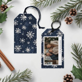 Gepersonaliseerde Navy Snowflake Kerstfoto Cadeaulabel