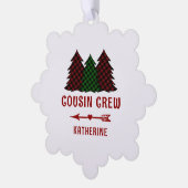 Gepersonaliseerde neef Crew Plaid Kerstbomen Ornament Kaart (Links)