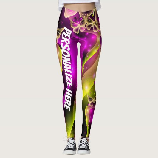 Gepersonaliseerde Neon Butterfly Floral Leggings (Voorkant)