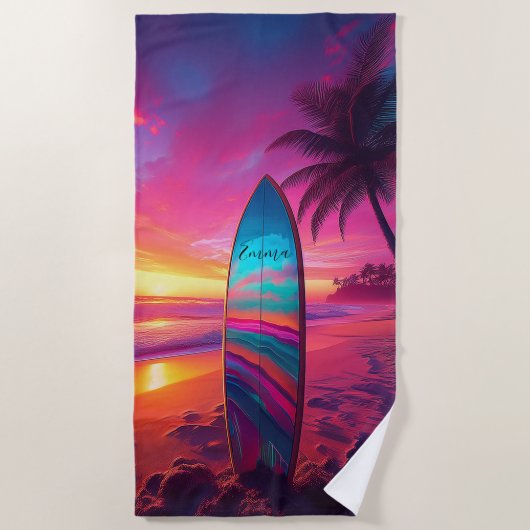 Gepersonaliseerde Neon Sunset Surven Strandlaken (Voorkant)