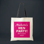Gepersonaliseerde neonroze canvas tassen in feestd<br><div class="desc">Gepersonaliseerde neonroze hen feestelijke canvas tassen voor meisjes die 's nachts vertrekken. Fun accessoires voor bachelorette, dames nacht, vrijgezellenfeest, bruiloft, enz. Maak er een voor bruid om te worden en bruidshouder, bruidsmeisje, dienstmeisje, erematroos, enz.</div>