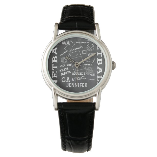 Gepersonaliseerde Netball Chalkboard stijl Horloge (Voorkant)