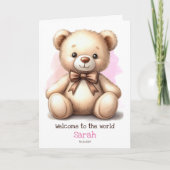 Gepersonaliseerde nieuwe baby roze teddybeer Kaart (Voorkant)