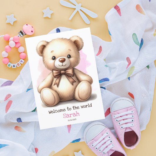 Gepersonaliseerde nieuwe baby roze teddybeer Kaart