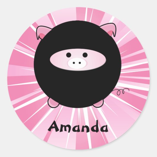 Gepersonaliseerde Ninja Pig op Roze Ronde Sticker (Voorkant)