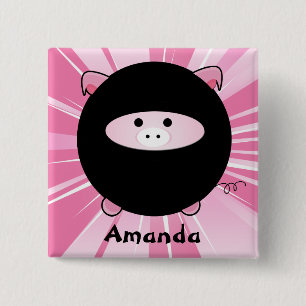 Gepersonaliseerde Ninja Pig op Roze Vierkante Button 5,1 Cm