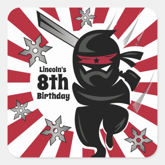 Gepersonaliseerde Ninja Samurai Warrior Verjaardag Vierkante Sticker (Voorkant)