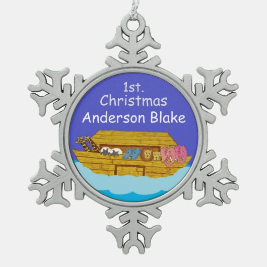 gepersonaliseerde Noah's Ark baby eerste Kerstmis Tin Sneeuwvlok Ornament (Voorkant)