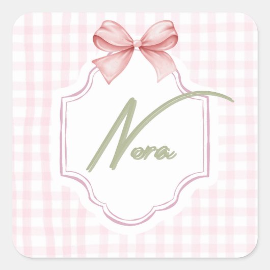 Gepersonaliseerde Nora Baby Girl Nursery Bow & Gin Vierkante Sticker (Voorkant)