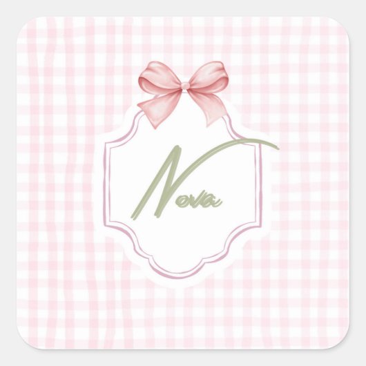 Gepersonaliseerde Nova Baby Girl Nursery Bow & Gin Vierkante Sticker (Voorkant)