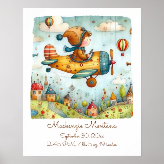 Gepersonaliseerde Nursery Art Child Flying Plane Poster (Voorkant)