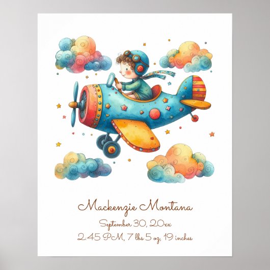 Gepersonaliseerde Nursery Art Child Flying Plane Poster (Voorkant)
