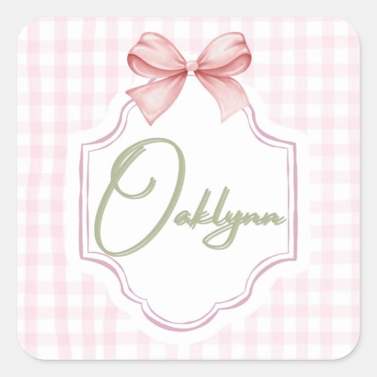 Gepersonaliseerde Oaklynn Baby Girl Nursery Bow &  Vierkante Sticker (Voorkant)