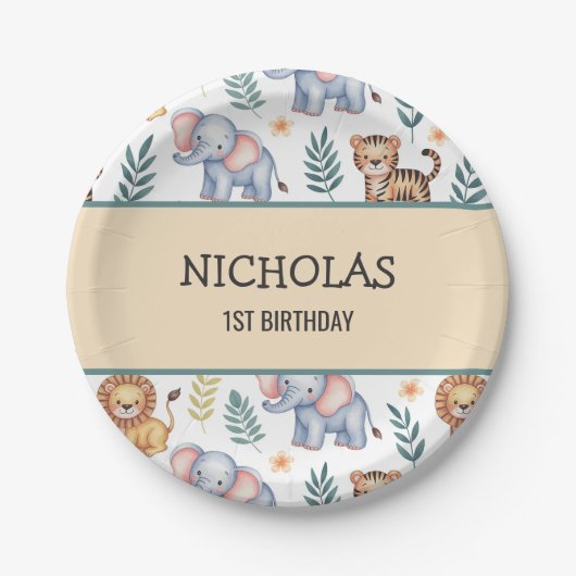 Gepersonaliseerde Oerwoud Safari Animals Waterverf Papieren Bordje (Voorkant)