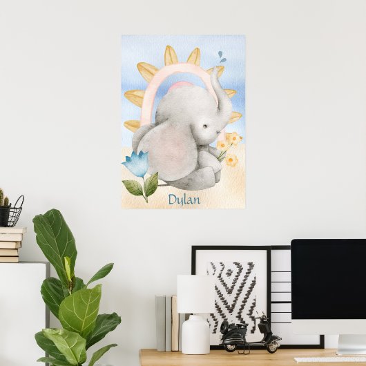 Gepersonaliseerde olifant, Baby dieren, Boho, Rege Poster (Thuiskantoor)