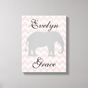 Gepersonaliseerde Olifant Chevron Baby Meisje Kwek Canvas Afdruk
