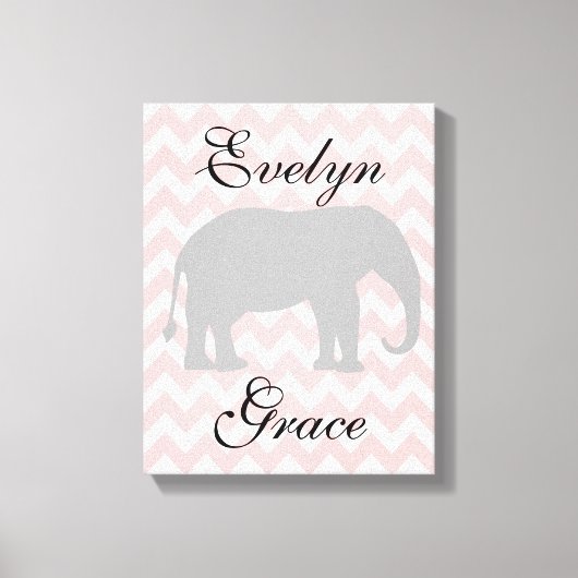 Gepersonaliseerde Olifant Chevron Baby Meisje Kwek Canvas Afdruk (Voorkant)