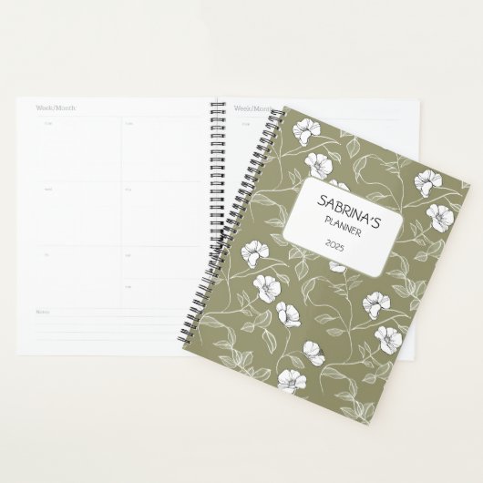 Gepersonaliseerde olijfgroene bloem minimalistisch planner (Display)