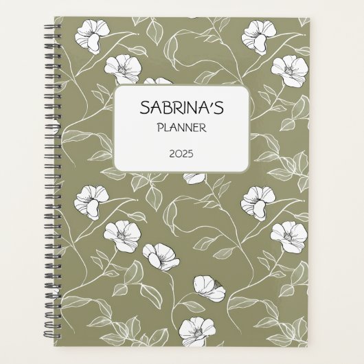 Gepersonaliseerde olijfgroene bloem minimalistisch planner (Voorkant)