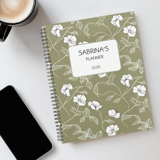 Gepersonaliseerde olijfgroene bloem minimalistisch planner