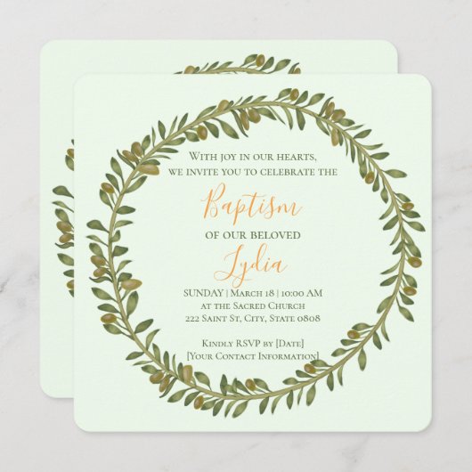 Gepersonaliseerde Olijfkrans doop uitnodiging (Voorkant / Achterkant)