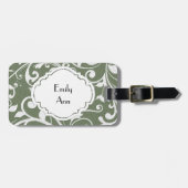 Gepersonaliseerde Olive Green White Flourish Bagagelabel (Voorkant horizontaal)