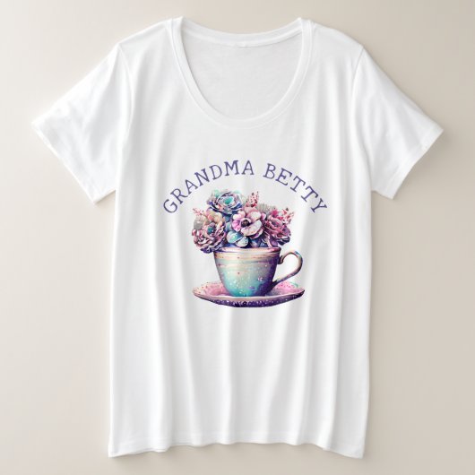 Gepersonaliseerde oma naam |  bloemen grote maat t-shirt (Design voorkant)
