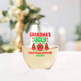Gepersonaliseerde oma's lelijke kersttrui wijnglas zonder voet