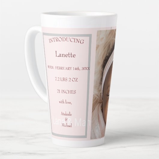 Gepersonaliseerde One Photo Baby Stats Roze & Wit Latte Mok (Linkerhoek)