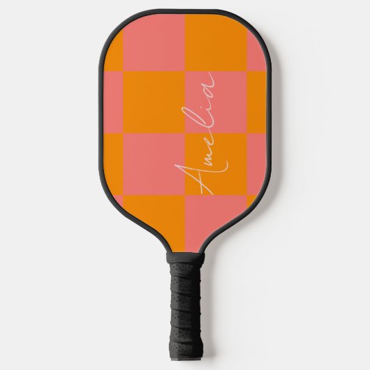 Gepersonaliseerde Oranje roze Check Pickleball Paddle (Voorkant)