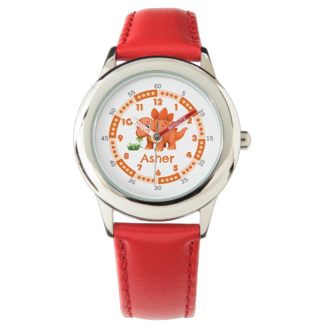 Gepersonaliseerde Oranje Stegosaurus Time-Telling  Horloge (Voorkant)