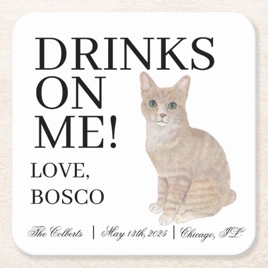 Gepersonaliseerde Oranje Tabby Cat Wedding Kartonnen Onderzetters (Voorkant)