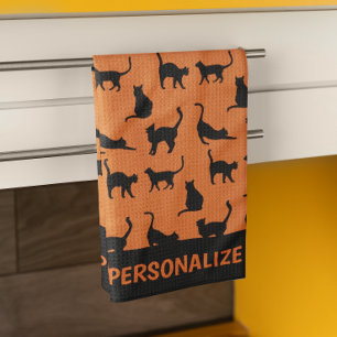 Gepersonaliseerde Oranje zwarte kat Theedoek