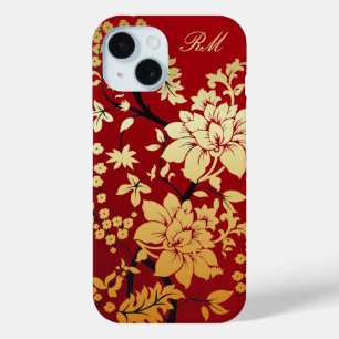 Gepersonaliseerde Oriental Golden Flowers op Red iPhone 15 Case