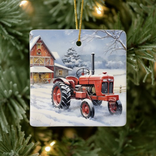 Gepersonaliseerde Oude Rode Tractor Winter Boerder Keramisch Ornament (Boom)
