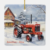 Gepersonaliseerde Oude Rode Tractor Winter Boerder Keramisch Ornament (Achterkant)