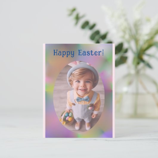 Gepersonaliseerde ovale foto regenboog blauw geluk feestdagenkaart (Staand voorkant)