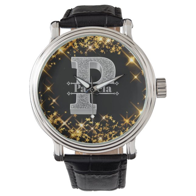 Gepersonaliseerde P-Initiaal Silver Monogram Jouw  Horloge (Voorkant)