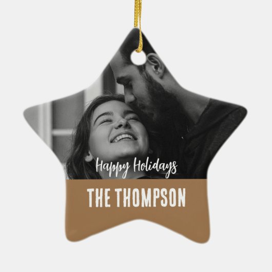 Gepersonaliseerde paar foto Zwart wit en bruin Keramisch Ornament (Achterkant)