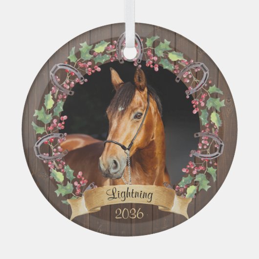 Gepersonaliseerde Paard Foto Rustieke Kerstmis Glas Ornament (Voorkant)