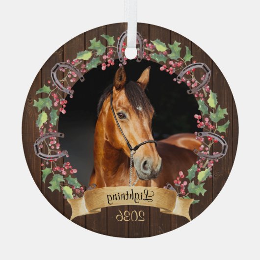 Gepersonaliseerde Paard Foto Rustieke Kerstmis Glas Ornament (Achterkant)