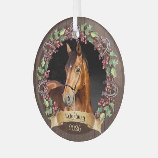Gepersonaliseerde Paard Foto Rustieke Kerstmis Glas Ornament (Voorkant links)