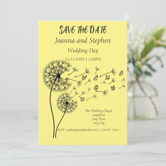 Gepersonaliseerde paardenbloem klok met vlinders kaart (Staand voorkant)