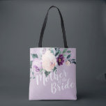 Gepersonaliseerde paarse bloedermoeder van de brui tote bag<br><div class="desc">Waterverf botanische bloemen en groen in zacht blush,  perzik en paarse,  met aanpasbare "moeder van de bruid" script en aangepaste naam op de rug,  elegant en romantisch,  grote gepersonaliseerde geschenken voor moeder van de bruid.</div>