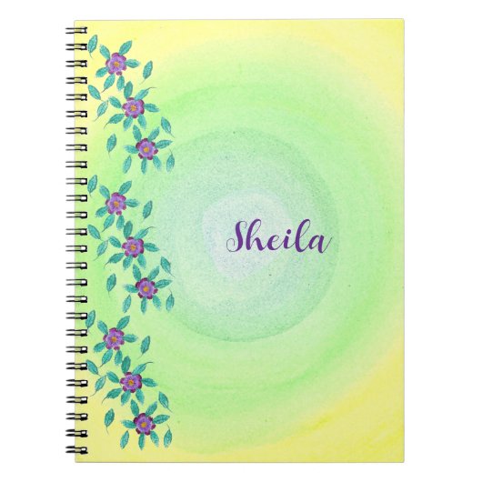 Gepersonaliseerde, paarse bloemen geel groen Notit Notitieboek (Voorkant)