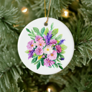 Gepersonaliseerde paarse bloemen kerst keramisch ornament
